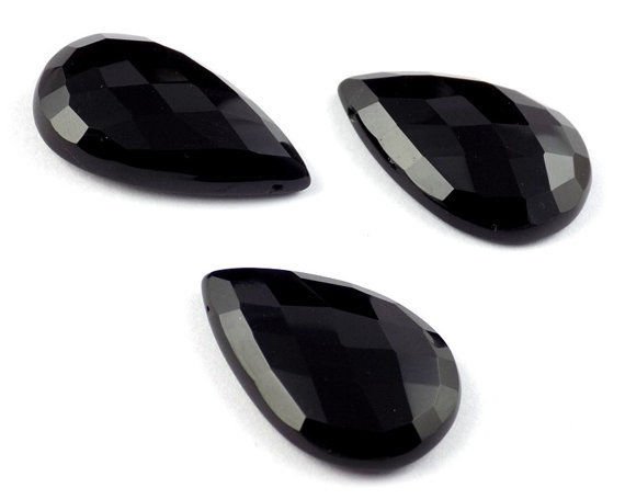 3 Pcs Natural Black Onyx Pear 21x32mm-20x34mm Flat Bottom Checker Cut Gemstone