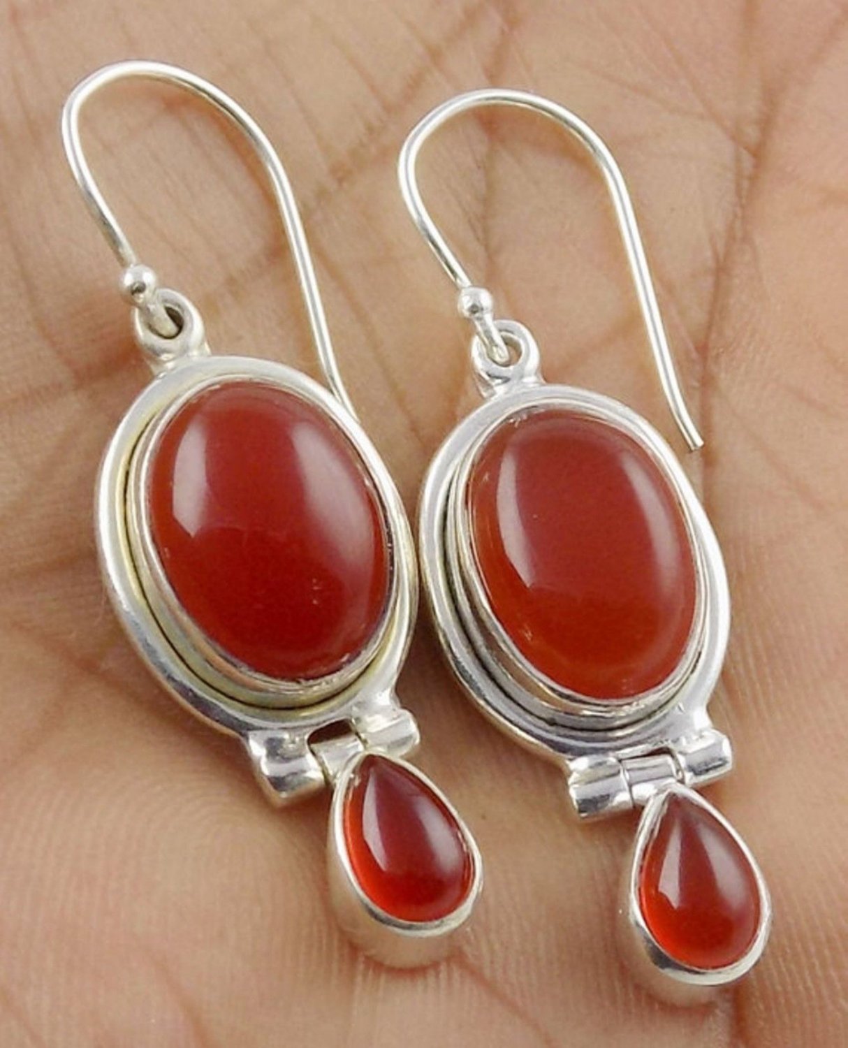 1 Pair Natural Red Onyx Oval,Pear 10x14-5x8mm 925 Sterling Silver Plated Earring