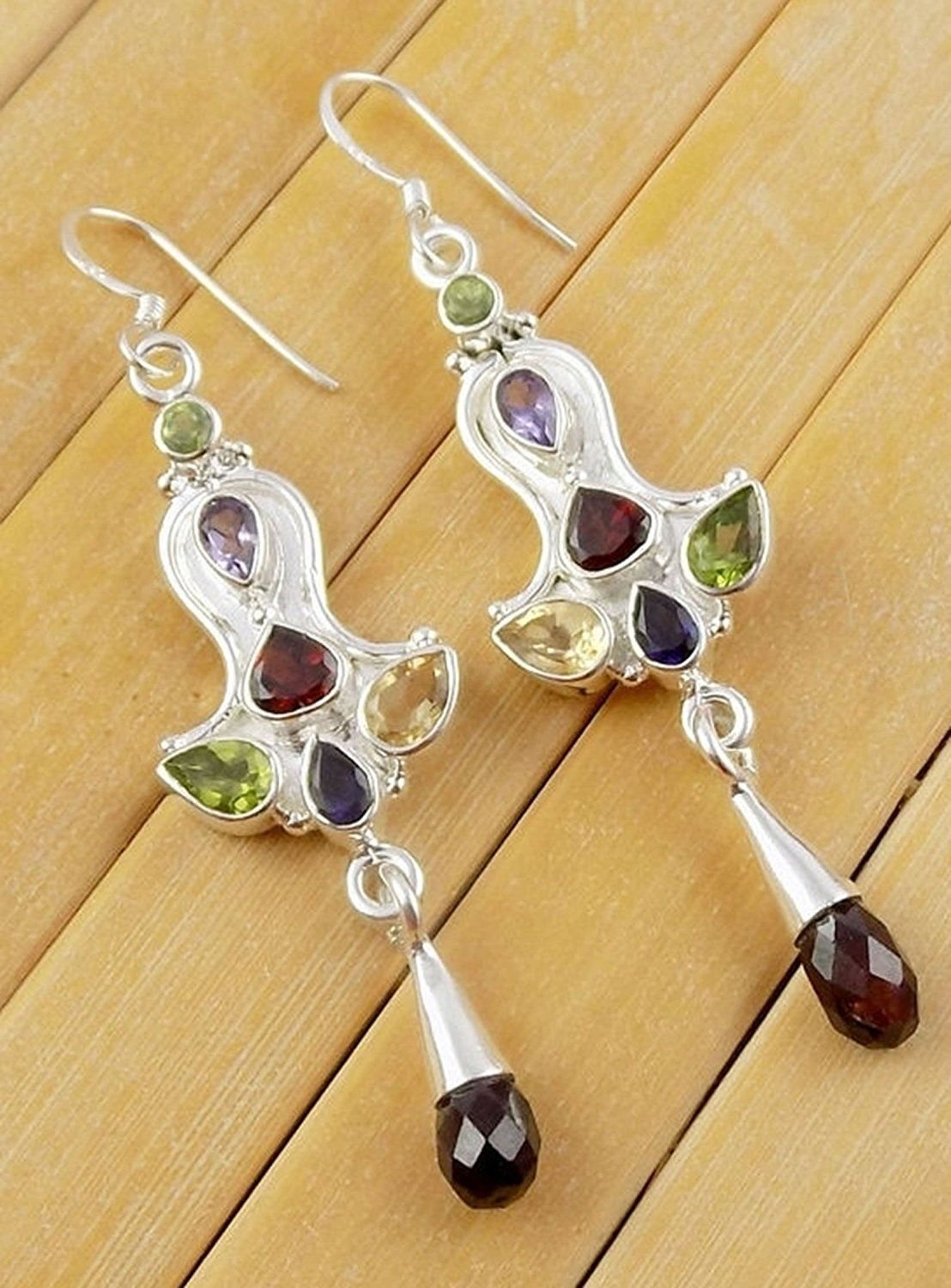 1 Pair Natural Mix Multi Gemstone Normal Cut 925 Sterling Silver Plated Earrings