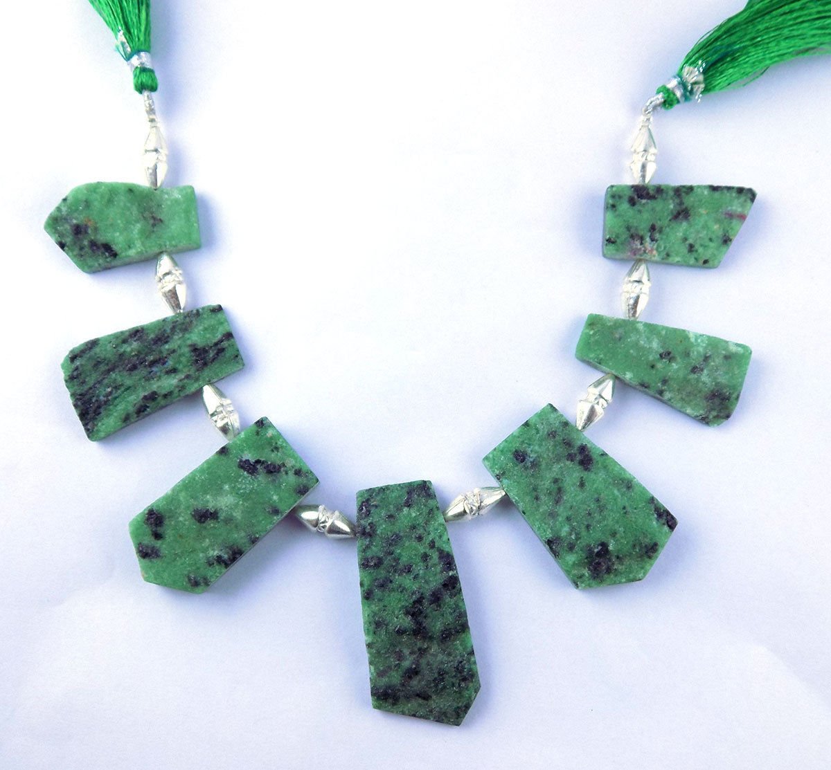 7 Pcs Natural Green Ruby Zoisite Flat Slice Top Drilled 31x17-48x21mm 8" Long