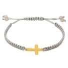 18K GP Adjustable Cross Bracelet on Braided Grey Silk String