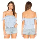 NWT MISA Los Angeles LG Kaia off shoulder crop top shirt ruffled tiered blue