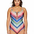 NWT BECCA 1X (16-18) plus size striped plunging Swimsuit ladder front 1 piece