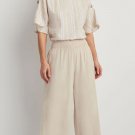 NWT ELLEN TRACY S linen blend white tan stripe coconut buttons loose top shirt