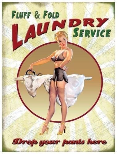 Fluff & Fold Laundry Service, Funny Retro Pin-up Girl Home, Small Metal/Tin Sign