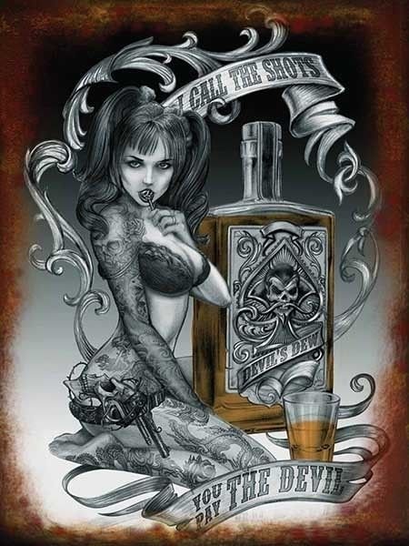 Devil Shots, Alchemy Gothic Tattoo Girl Steampunk Pinup Small Metal/Tin Sign