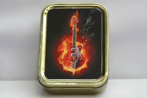 Flaming Gibson Guitar, Strings Plectrum Cigarette Tobacco Storage 2oz Tin