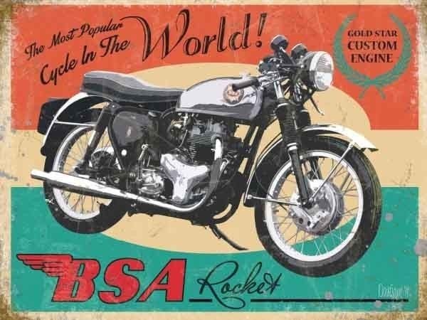 BSA Rocket Motorcycle, Gold Star Engine Vintage, Small Metal/Tin Sign Picture