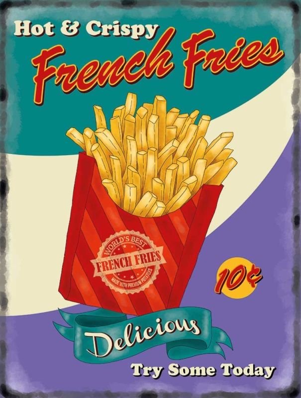 French Fries chips, 50's Dinner Kitchen Cafe Food Retro, Large Metal/Tin Sign