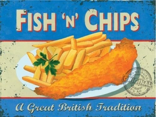 Fish & Chips, Vintage Shop, Pub Bar Kitchen Cafe Old Food, Medium Metal/Tin Sign