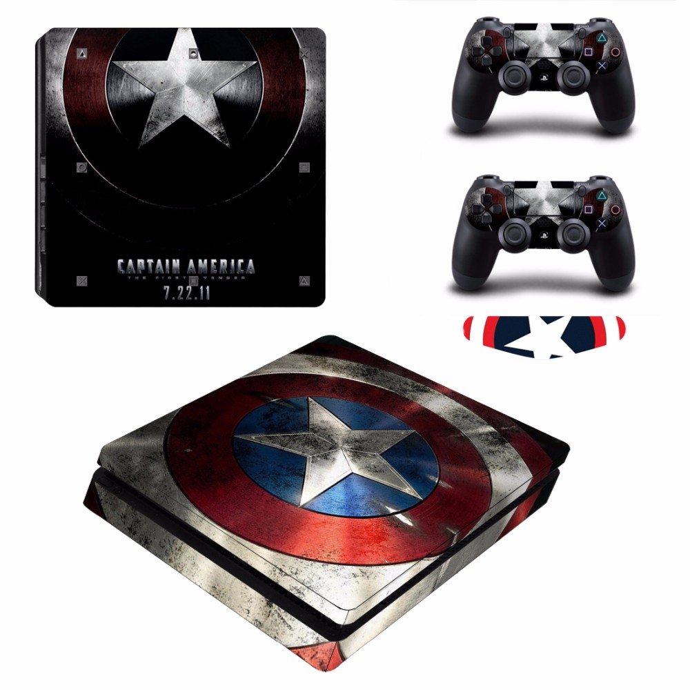 Captain America #01 Decal For Play Station 4  Slim Console + 2 Controller Free LED Light Bar