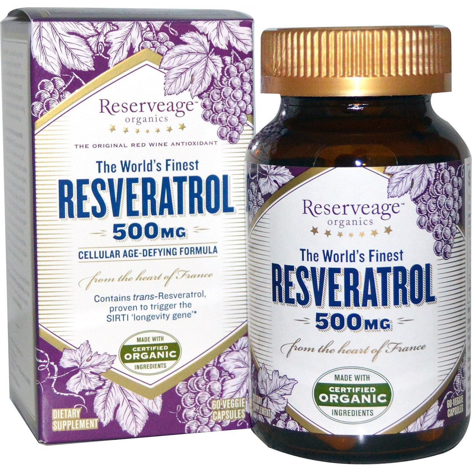 Reserveage Organics Resveratrol 500 mg 60 Vegetable Capsules FREE SHIPPING