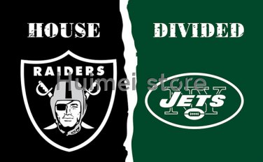 Oakland Raiders Flag house divided banner with New York Jets flag 3x5 ft