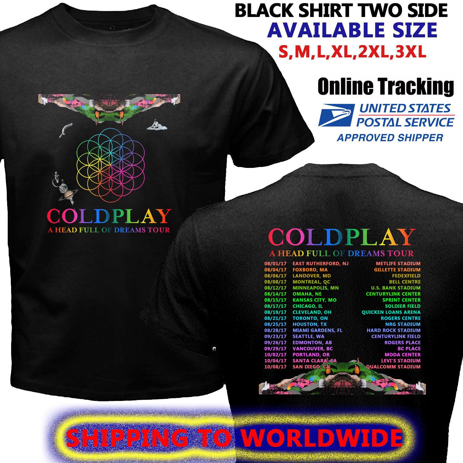 COLDPLAY ALBUMS TOUR DATES 2017 BLACK SHIRT S-XL SIZES PLAFON