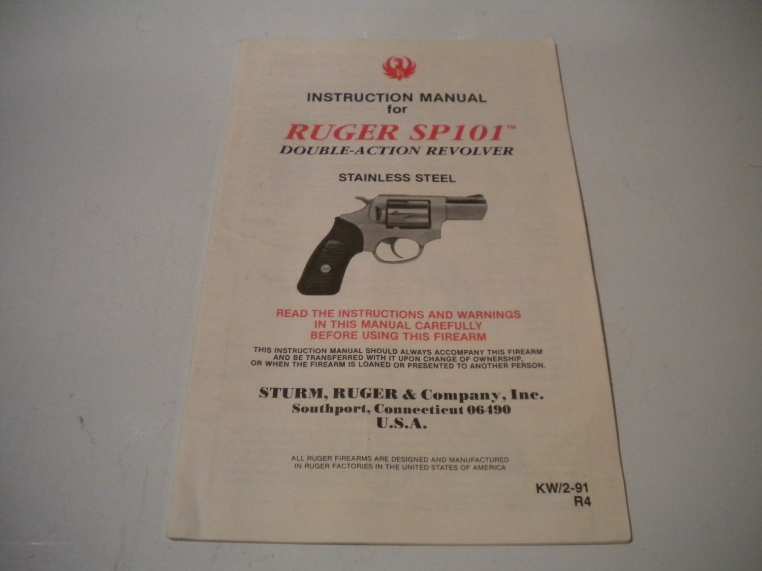 Ruger SP101 Stainless Steel Double Action Revolver Manual; Original