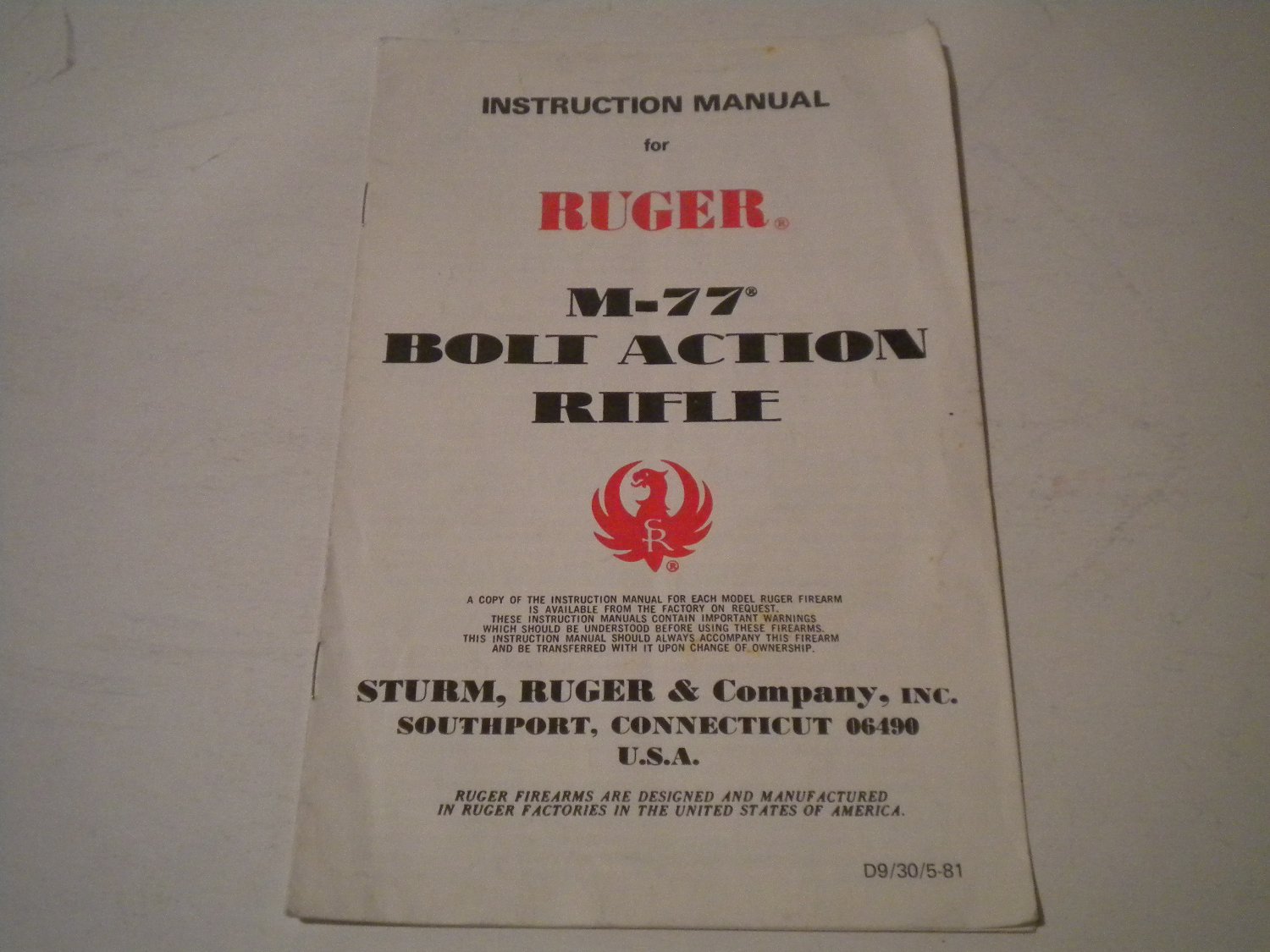 Ruger Model 77 Rifle Owner's Manual Owners Guide Owner 5-81 1981