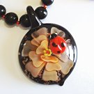 Black Onyx Necklace and Earrings Jewelry Set, Bold Flower Pendant with Lady Bug
