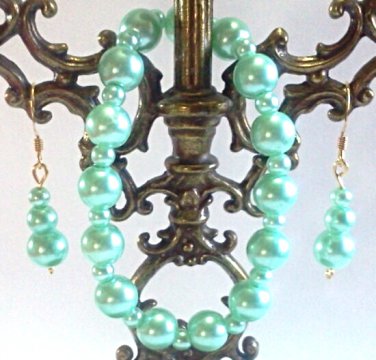 Mint Green Bracelet and Earrings Set, Glass Pearl Bracelet and Dangle Earrings
