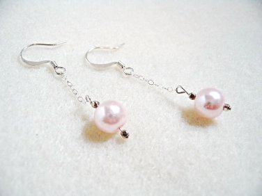 Pink Dangle Earrings, Glass Pearl Beaded Jewelry, Sterling Silver Chain Earrings