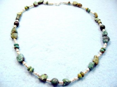 Natural Turquoise Necklace, Silver Beaded Necklace, Gemstone Bead Jewelry