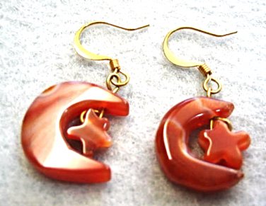 Carnelian Dangle Earrings,  Moon and Star Earrings, Astrological Jewelry