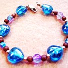 Bright Blue Glass Hearts Bracelet, Handmade Bracelet, Pink Crackle Glass Beads