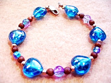 Bright Blue Glass Hearts Bracelet, Handmade Bracelet, Pink Crackle Glass Beads