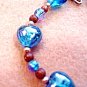 Bright Blue Glass Hearts Bracelet, Handmade Bracelet, Pink Crackle Glass Beads