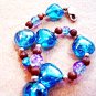 Bright Blue Glass Hearts Bracelet, Handmade Bracelet, Pink Crackle Glass Beads