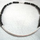 Black Stone Bead Necklace, Silver Tubes Necklace, Men's or Women's Jewelry