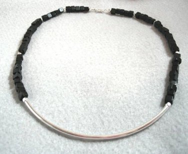 Black Stone Bead Necklace, Silver Tubes Necklace, Men's or Women's Jewelry
