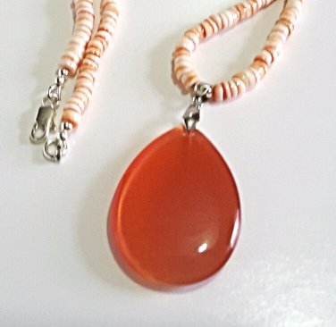 Orange Natural Shell Bead Necklace and Glass Pendant, Red Lip HeIshi Jewelry