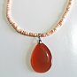 Orange Natural Shell Bead Necklace and Glass Pendant, Red Lip HeIshi Jewelry