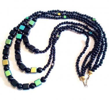 Black Statement Necklace, Black Beaded Jewelry, Boho Beaded Strand Necklace