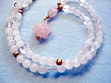 Handmade Rose Quartz Stone Necklace, Pink Carved Flower Pendant, Handmade