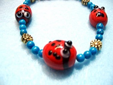 Lady Bug Bracelet, Turquoise Blue Howlite Stone, Large Size Beaded Golden Daisy Bracelet