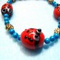 Lady Bug Bracelet, Turquoise Blue Howlite Stone, Large Size Beaded Golden Daisy Bracelet