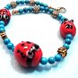 Lady Bug Bracelet, Turquoise Blue Howlite Stone, Large Size Beaded Golden Daisy Bracelet