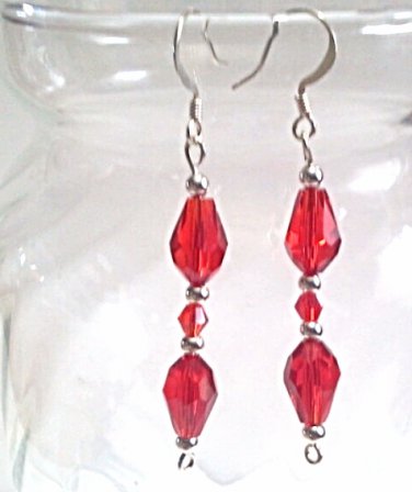 Red Dangle Earrings, Faceted Glass Teardrop Earrings withRed Crystal Beads