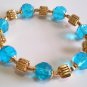 Aqua Blue Bracelet, Faceted Glass Beaded Jewelry, Yellow Gold Statement Bracelet
