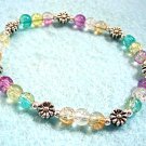 Multi Color Bracelet, Crackle Glass and Silver Flower Stretch Bead Bracelet
