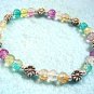 Multi Color Bracelet, Crackle Glass and Silver Flower Stretch Bead Bracelet