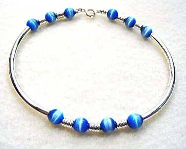 Blue and Silver Bracelet, Mystical Blue Beaded Jewelry, Silver Tubes Bracelet