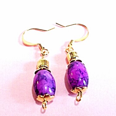 Purple Plum Dangle Earrings, Glass Bead Earrings, Handmade Beaded Jewelry, Gold