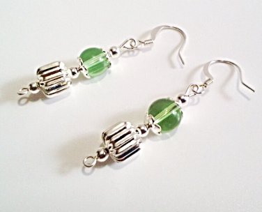 Green Earrings, Green and Silver Beaded Dangle Earrings, Glass Bead Jewelry