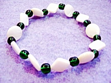 Green Bracelet, Emerald Green Glass Bead Jewelry, White Shell Bracelet No Metals
