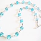 Sky Blue Glass Bead Necklace, Blue and Silver Bead Strand Necklace, Handmade