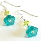 Aqua Blue Flower Bead Dangle Earrings, Lime Green Faceted Crystal Earrings