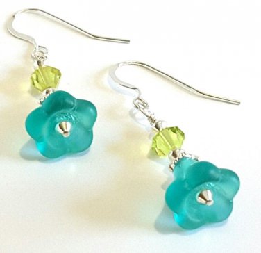 Aqua Blue Flower Bead Dangle Earrings, Lime Green Faceted Crystal Earrings