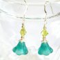 Aqua Blue Flower Bead Dangle Earrings, Lime Green Faceted Crystal Earrings